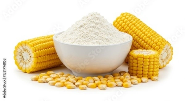 Fototapeta Corn flour in a bowl with corn kernels and cobs