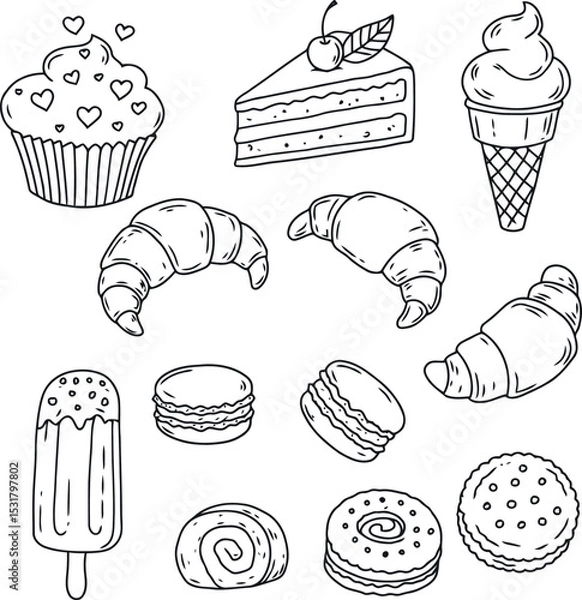 Fototapeta Whimsical Hand-Drawn Dessert Collection Featuring Cupcakes, Ice Cream, Cake Slices, Macarons, Croissants, Cookies, Popsicles, and Pastries in Cute Minimal Style with Pink Accents on White Background