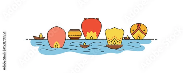 Obraz flat vector icon of religious festival asalha puja, Floating Lanterns on the River, suitable for design and infographic applications