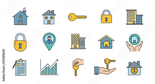 Obraz Real Estate Icons Houses, Keys, Locks, and More – Vector Illustrations