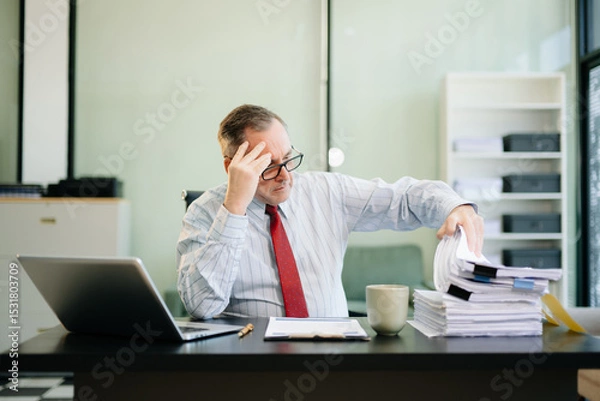 Fototapeta Professional businessman working at office with laptop, tablet, and notes. Perfect for business, finance