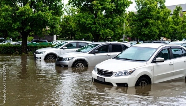 Obraz 災害。洪水で水没した自動車。（Disaster. Cars submerged in flood waters.）
