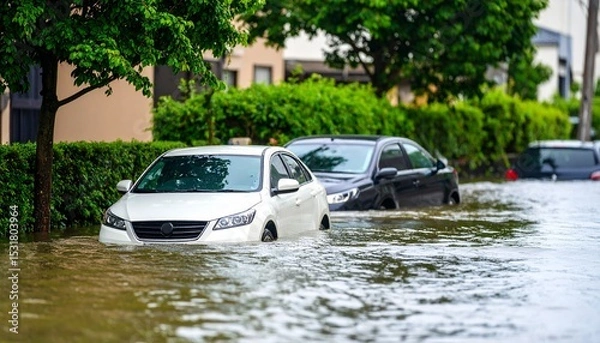 Obraz 災害。洪水で水没した自動車。（Disaster. Cars submerged in flood waters.）
