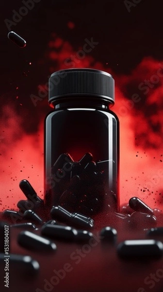 Obraz A black pills bottle with broke tablets and mist color background., overdose concept