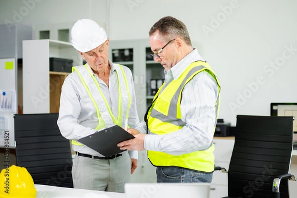 Fototapeta Engineers planning a construction project with blueprints, tablets, and hardhats. Concept of teamwork, architecture