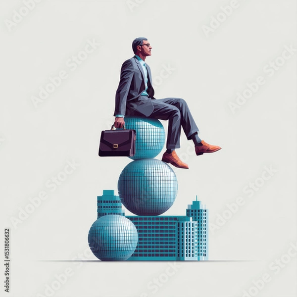 Fototapeta Confident businessman in suit sits on stacked blue spheres above city buildings, holding briefcase, symbolizing success and balance