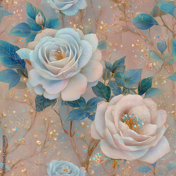 Fototapeta magical seamless pattern featuring pastel pink roses, shimmering blue leaves, and glowing sparkles on a dreamy twilight background. Ideal for fairytale themes, romantic stationery, luxury fabric