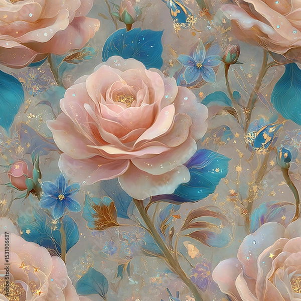 Fototapeta magical seamless pattern featuring pastel pink roses, shimmering blue leaves, and glowing sparkles on a dreamy twilight background. Ideal for fairytale themes, romantic stationery, luxury fabric