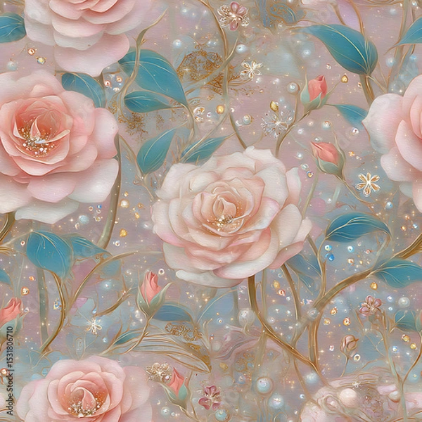 Fototapeta magical seamless pattern featuring pastel pink roses, shimmering blue leaves, and glowing sparkles on a dreamy twilight background. Ideal for fairytale themes, romantic stationery, luxury fabric