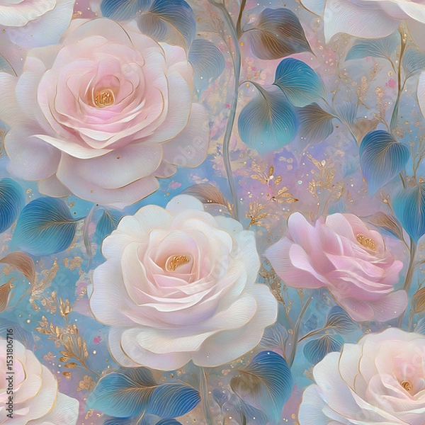 Fototapeta magical seamless pattern featuring pastel pink roses, shimmering blue leaves, and glowing sparkles on a dreamy twilight background. Ideal for fairytale themes, romantic stationery, luxury fabric