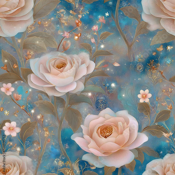 Fototapeta magical seamless pattern featuring pastel pink roses, shimmering blue leaves, and glowing sparkles on a dreamy twilight background. Ideal for fairytale themes, romantic stationery, luxury fabric
