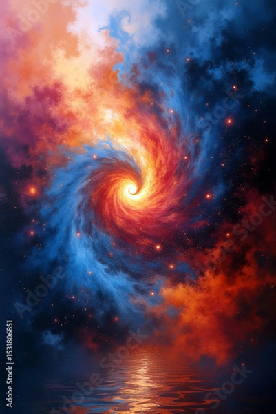 Obraz A swirling galaxy features rich hues of blue, orange, and red, creating a breathtaking cosmic scene against a tranquil backdrop. Generative AI.