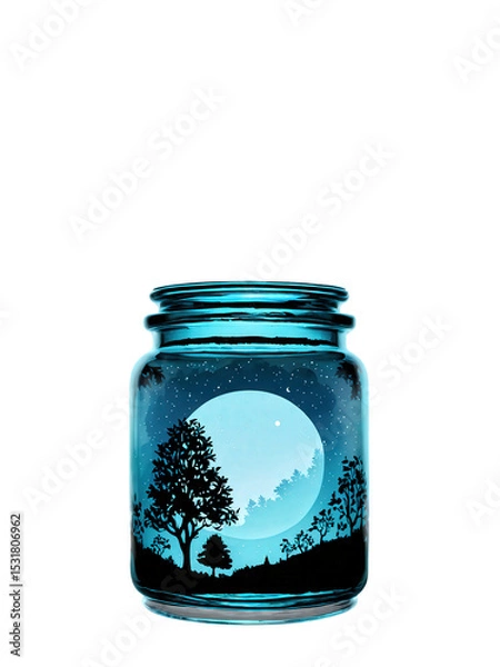 Obraz Soft blue glass jar with a dreamy design, set against a romantic moonlit background with silhouetted trees on a transparent