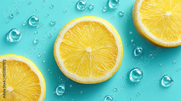 Fototapeta Lemon slices with sparkling water droplets on blue background create fresh and vibrant summer feeling in this photorealistic image