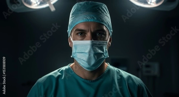 Fototapeta Intense close-up portrait of a male surgeon in mask and cap, standing in a dark operating room under bright lights.