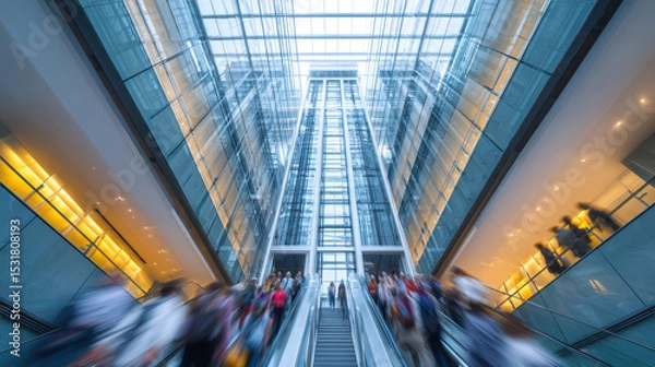 Fototapeta Modern glass elevator and escalator in busy corporate building with people moving fast in blur effect