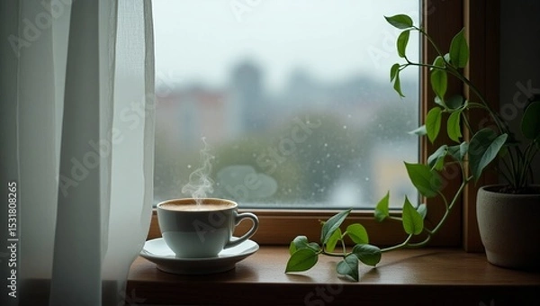 Obraz A warm, creamy cup of coffee with a delicate steam rising from its rim, positioned on a rustic wooden windowsill, partially covered with a sheer white curtain that casts a soft, diffused light, as rai