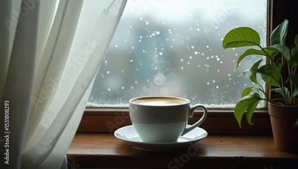 Obraz A warm, creamy cup of coffee with a delicate steam rising from its rim, positioned on a rustic wooden windowsill, partially covered with a sheer white curtain that casts a soft, diffused light, as rai