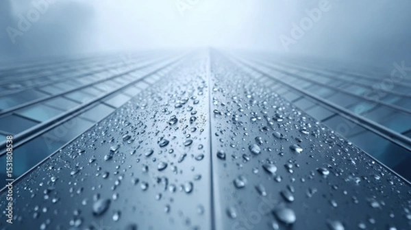 Fototapeta Rain droplets on reflective glass facade of modern skyscraper create moody and atmospheric urban scene with cool blue tone