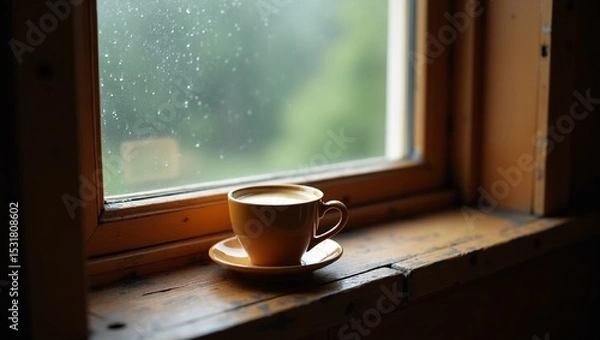 Obraz A warm, creamy cup of coffee with a delicate steam rising from its rim, positioned on a rustic wooden windowsill, partially covered with a sheer white curtain that casts a soft, diffused light, as rai