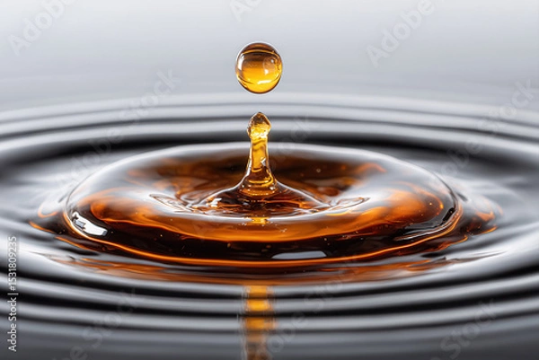 Fototapeta Water drop splash with amber liquid creating ripples and reflection, capturing moment of fluid motion and natural beauty
