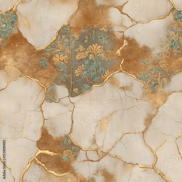 Fototapeta sophisticated seamless pattern blending delicate vintage flowers with a cracked marble texture, accented by glowing gold kintsugi lines. Ideal for luxury stationery, dark academia designs