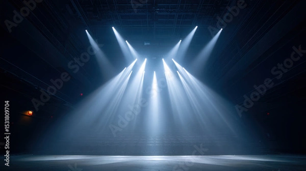 Fototapeta Bright stage lights shining down in dark empty theater creating dramatic beams and atmospheric setting for performance or event