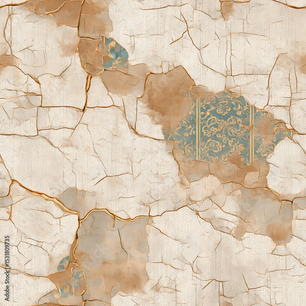 Fototapeta sophisticated seamless pattern blending delicate vintage flowers with a cracked marble texture, accented by glowing gold kintsugi lines. Ideal for luxury stationery, dark academia designs