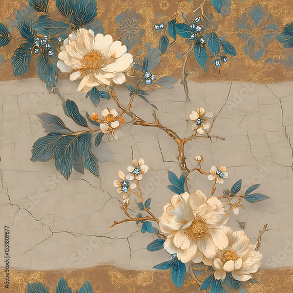 Fototapeta sophisticated seamless pattern blending delicate vintage flowers with a cracked marble texture, accented by glowing gold kintsugi lines. Ideal for luxury stationery, dark academia designs