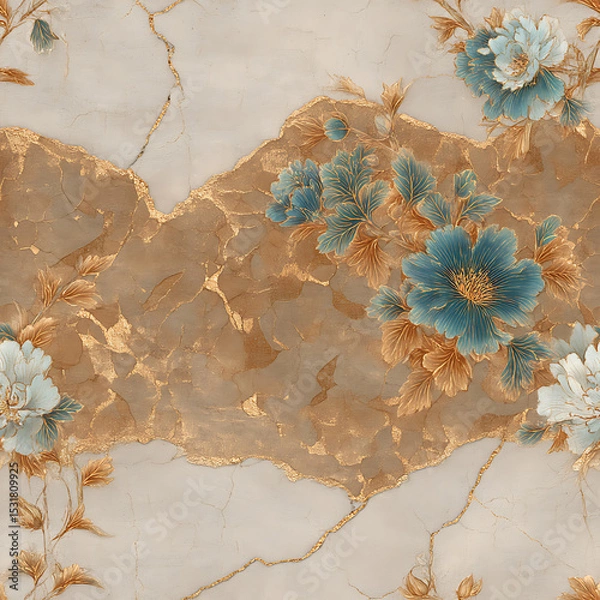 Fototapeta sophisticated seamless pattern blending delicate vintage flowers with a cracked marble texture, accented by glowing gold kintsugi lines. Ideal for luxury stationery, dark academia designs