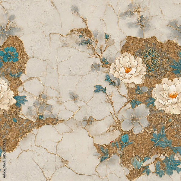 Fototapeta sophisticated seamless pattern blending delicate vintage flowers with a cracked marble texture, accented by glowing gold kintsugi lines. Ideal for luxury stationery, dark academia designs