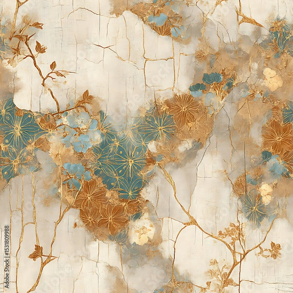 Fototapeta sophisticated seamless pattern blending delicate vintage flowers with a cracked marble texture, accented by glowing gold kintsugi lines. Ideal for luxury stationery, dark academia designs