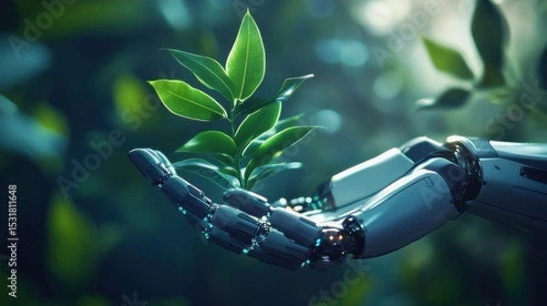 Obraz A robotic hand holding a flourishing green plant, symbolizing the partnership between technology and sustainable growth,
