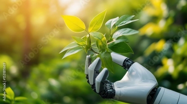 Obraz A robotic hand holding a flourishing green plant, symbolizing the partnership between technology and sustainable growth,
