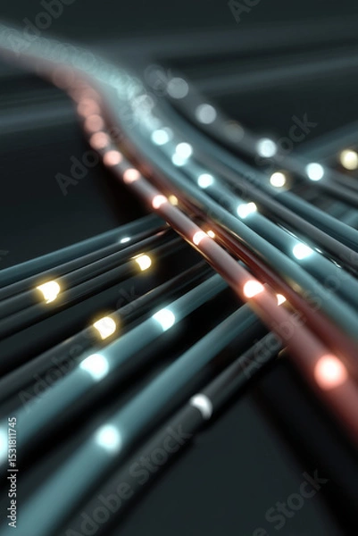 Obraz Close-up of glowing fiber optic cables showcasing advanced communication and data transfer. High-tech technology background emphasizing connectivity and innovation.