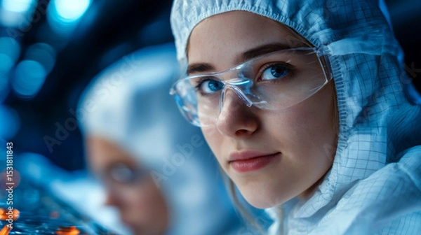 Obraz A young professional scientist wearing protective glasses and a cleanroom suit works in a laboratory setting, demonstrating focus and dedication.