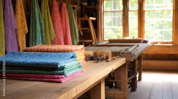 Obraz Vivid folded fabrics in an artistic pattern are displayed in a traditional artisan crafting studio, illuminated by natural light streaming through vintage windows.