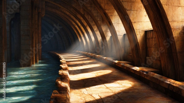 Obraz Serene underground tunnel with arched architecture and reflective water illuminated by natural sunlight creating dramatic patterns