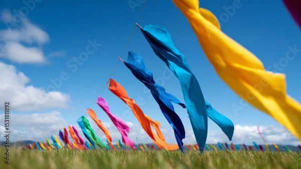 Obraz A collection of vibrant colored fabric streamers billows gracefully in the breeze, set against a clear blue sky and an expansive scenic field.