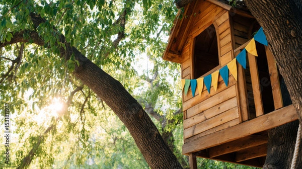 Obraz Wooden treehouse nestled among vibrant green leaves, adorned with colorful bunting banners, illuminated by soft sunlight from the forest surroundings, childhood memories and outdoor adventures.