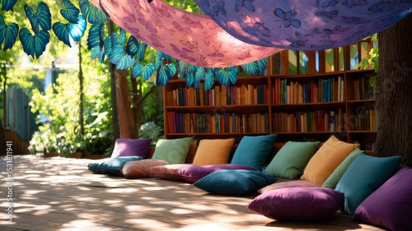 Obraz A cozy outdoor reading area featuring vibrant cushions, a wooden deck, and shelves of books under a draped canopy amidst lush greenery, creating a serene and inviting escape.