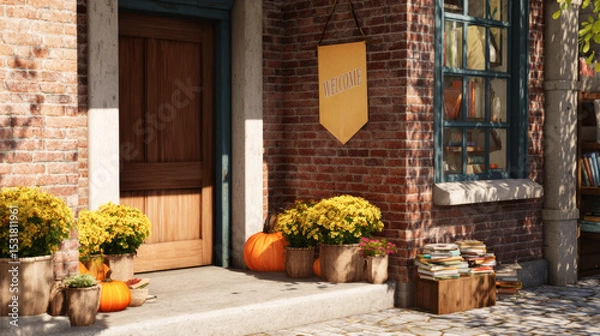 Obraz Rustic exterior with a welcome sign, pumpkins, flowers, and books under sunlight during fall, showcasing warmth and comfort.