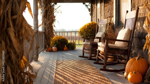 Obraz An inviting rustic porch adorned with pumpkins, autumn leaves, and decorative accents. Perfect for showcasing the beauty and coziness of fall, creating a sense of seasonal warmth and rustic charm.