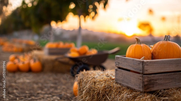 Obraz Wooden crate with orange pumpkins set on straw bales against a scenic countryside farm during sunset. A seasonal autumn atmosphere showcasing rustic charm, nature, and a traditional harvest scene.