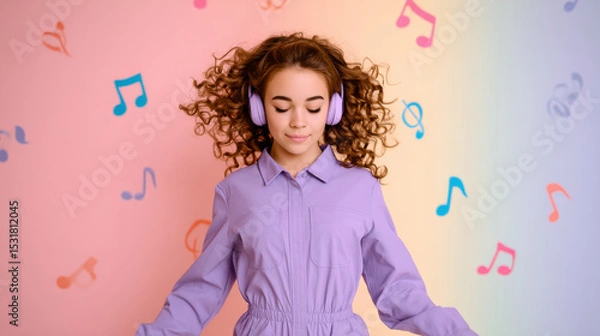 Obraz A joyful young woman listens to music through purple headphones, surrounded by colorful musical notes on a subtle pastel background, representing relaxation, creativity, and a love for music.