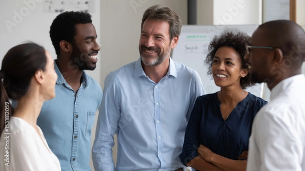 Fototapeta Diverse group of professionals sharing a moment of friendly interaction in a bright workspace. The team demonstrates a welcoming atmosphere, collaborating harmoniously in inclusive office environment