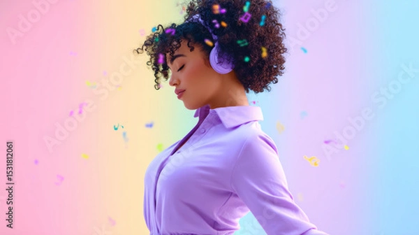 Obraz A young woman listens to music on headphones, surrounded by a colorful, energetic backdrop with musical note visuals symbolizing joy and creativity.