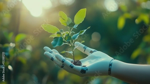 Obraz A robotic hand holding a flourishing green plant, symbolizing the partnership between technology and sustainable growth,