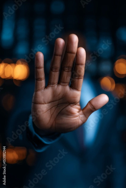 Obraz A close-up image of a hand raised in a stopping gesture, portraying concepts like pause or boundaries, set against a bokeh background.