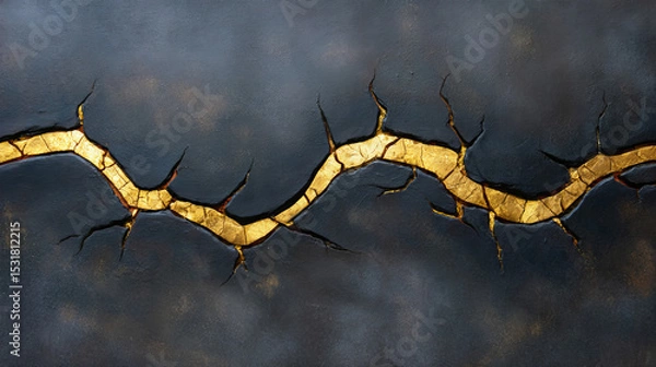 Obraz An artistic composition with golden cracks on a dark textured surface, symbolizing strength, repair, and beauty in imperfections, providing a striking visual expression of creativity and emotion.